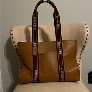 Coach Brown Leather Tote with Maroon Straps